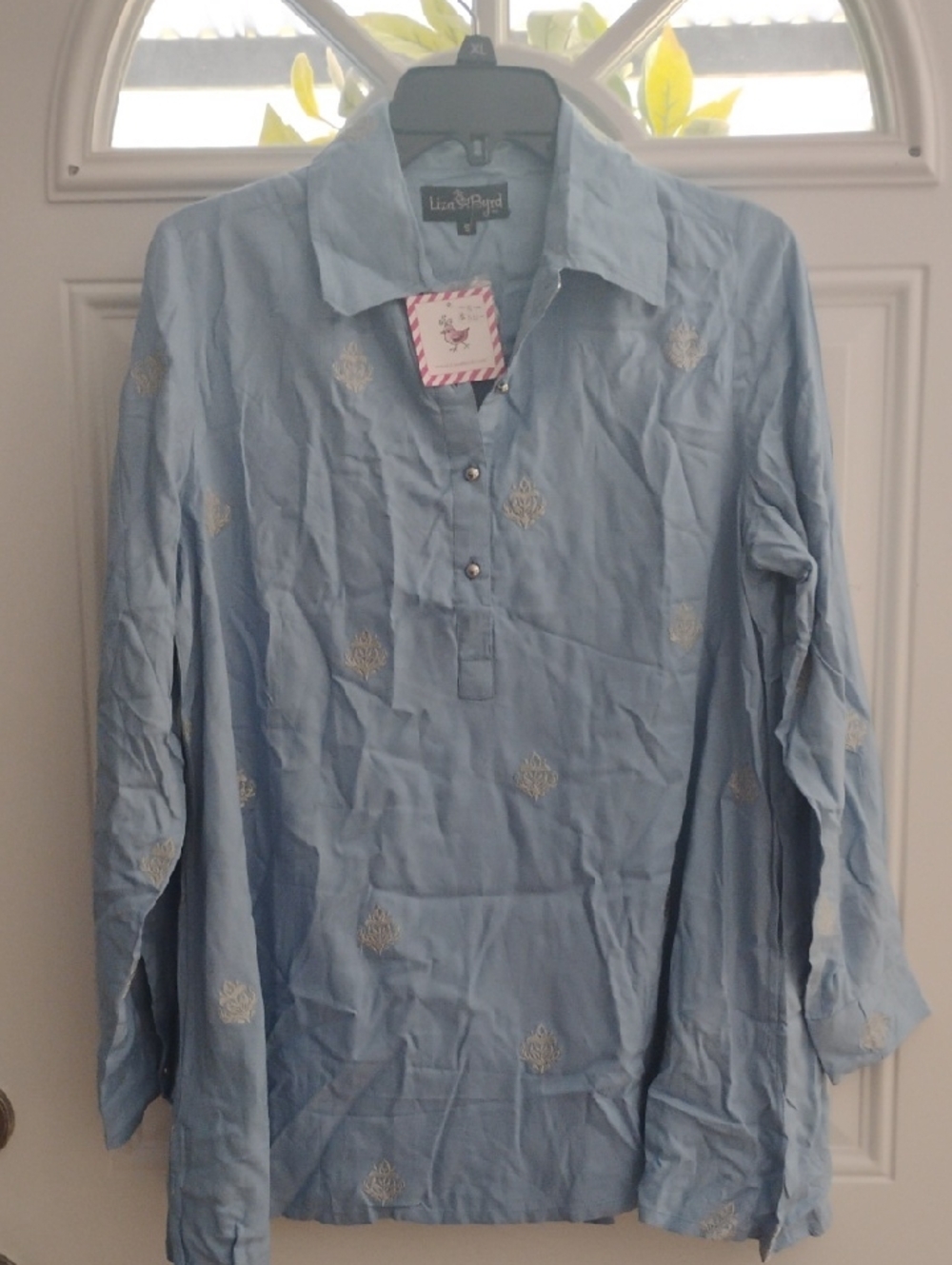 Liza Byrd Light Blue Embroidered Buttoned Tunic Blouse With Pockets Size Small